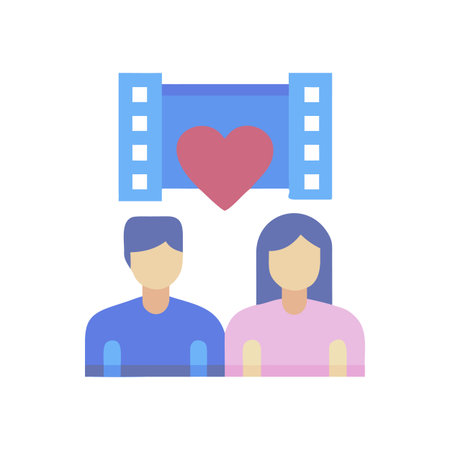 Romantic movie night concept with couple, film reel, and heart iconのイラスト素材