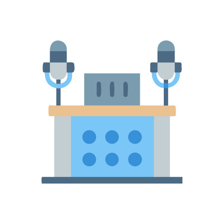 Flat design illustration of a podcast recording station with microphones and equipmentのイラスト素材