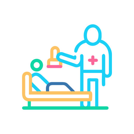 Doctor Checking Patient in Bed: Colorful, Modern Medical Care Iconのイラスト素材