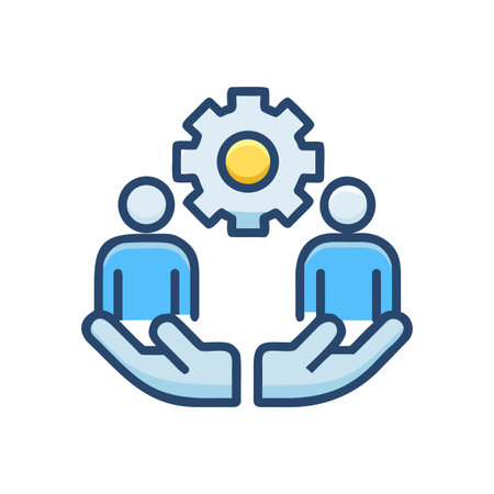 Teamwork and solution icon: Two people, hands and gear wheel collaboration symbolのイラスト素材