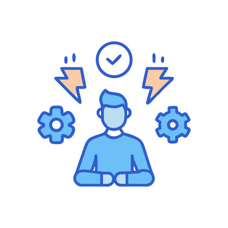 Iconic illustration of person with gears, lightning and checkmark representing solutionのイラスト素材