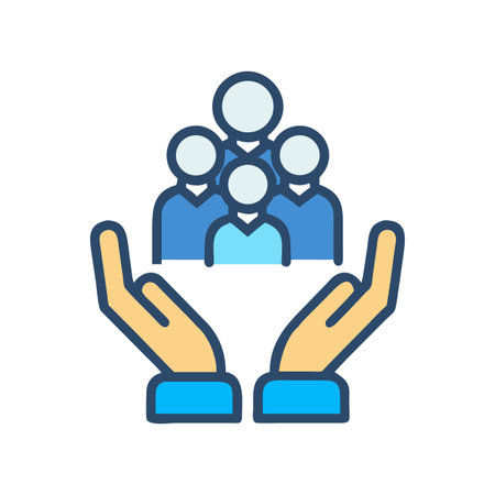 Support and team concept: hands gently holding a group of stylized peopleのイラスト素材