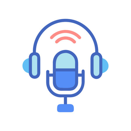 Podcast Studio Icon: Graphic illustration of a microphone and headphones on blackのイラスト素材