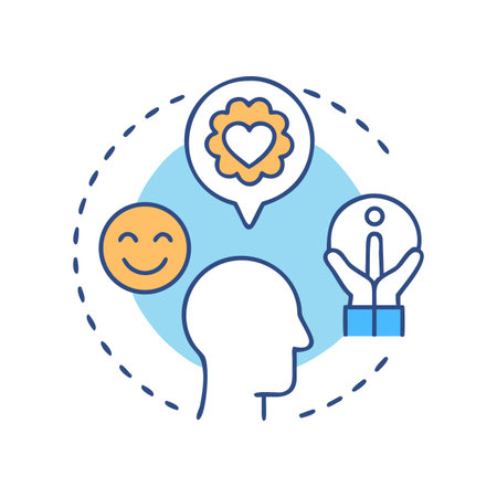 Conceptual human head with positive emotions, thoughts and information iconsのイラスト素材