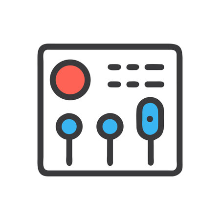Flat design mixer console graphic in red, blue, and gray on blackのイラスト素材