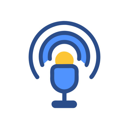 Podcast Icon: Stylized microphone broadcasting with signal waves on a black background.のイラスト素材