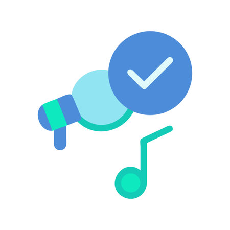Music Promotion Confirmed: Microphone with Check Mark Icon and Music Noteのイラスト素材