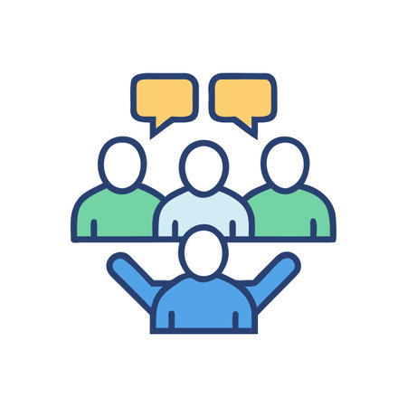 Group Discussion and Presentation with Speech Bubbles in a Flat Design Styleのイラスト素材