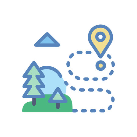 Graphic icon illustrating journey path through nature to a destination pointのイラスト素材