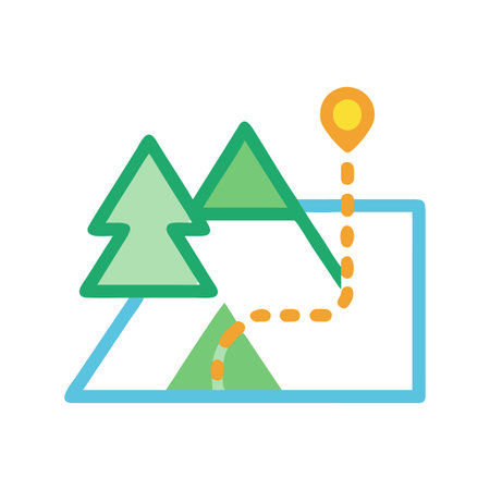 Stylized Camping Map with Trees, Mountains and Path to Location Pinのイラスト素材