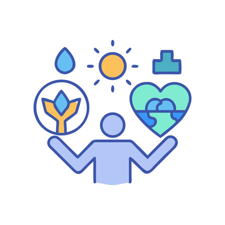 Balanced Elements of Life Illustration: Person with water, plant, sun, and plus iconsのイラスト素材