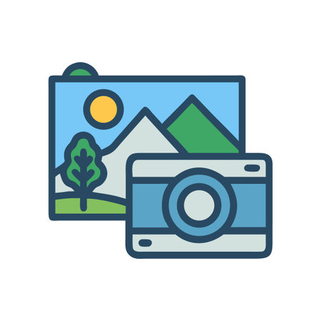 Photography Concept Image: Flat Design Camera and Landscape Scene Illustrationのイラスト素材