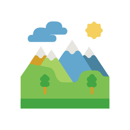 Flat illustration of mountain landscape with trees, sun, cloud and snowのイラスト素材