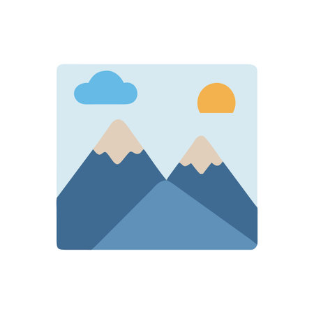 Minimalist mountain range landscape illustration with a sky, sun and cloud