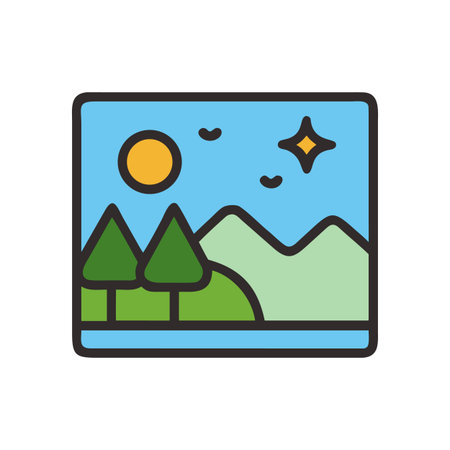 Minimalist landscape icon depicting nature, sun, and mountains in a stylized frame