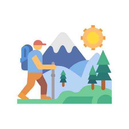 Hiking Adventure: Flat Illustration of a Hiker in the Mountains with Sunのイラスト素材