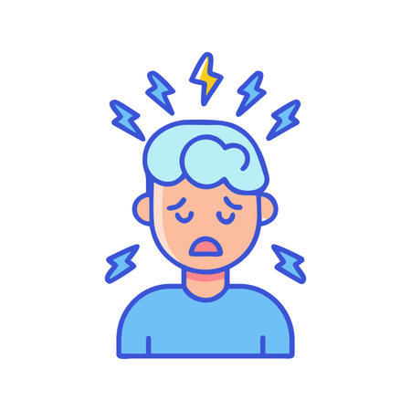Frustrated man experiencing a severe headache represented by lightning bolts, vector illustrationのイラスト素材