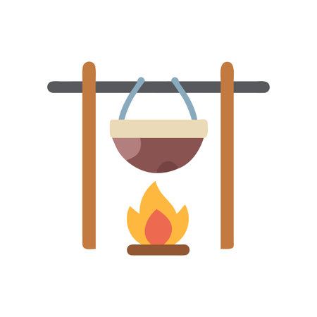 Camping pot over a bonfire illustration on black background cooking equipmentのイラスト素材