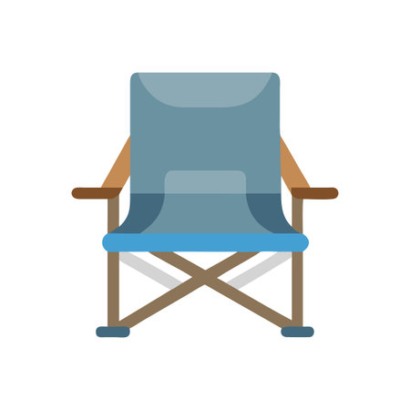Folding camp chair illustration with light blue canvas seat and brown frameのイラスト素材