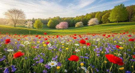 Spring meadow with red poppies and blue cornflowersの写真素材