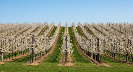 Rows of blossoming almond trees in orchard in springtimeの写真素材