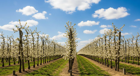 Rows of blooming fruit trees in an orchard in spring
