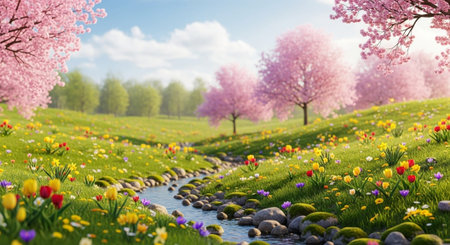 Beautiful spring landscape with blooming flowers and river. Panoramaの写真素材