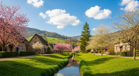 Panoramic view of a village in spring with blooming cherry treesの写真素材