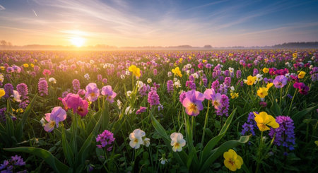 Sunset over an agricultural field with multicolored flowers in spring