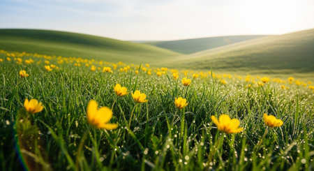 Meadow with yellow crocuses in Tuscany, Italy