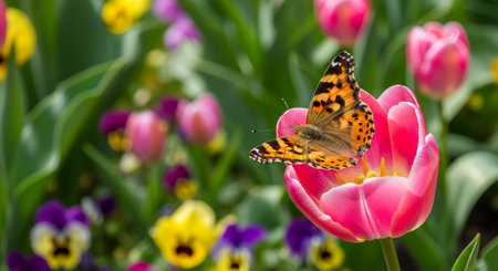 Butterfly on pink tulip flower in Keukenhof park in Netherlandsの写真素材