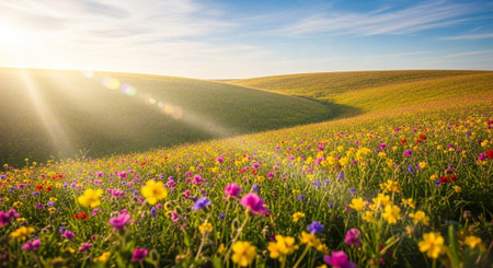 Colorful spring meadow with wildflowers and sunbeamsの写真素材