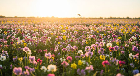 Sunset over a field of colorful spring flowers. Beautiful nature scene.の写真素材