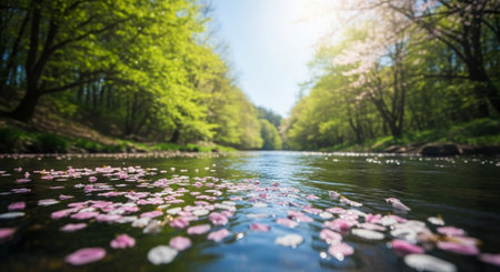 Beautiful pink cherry blossom petals floating on the surface of a riverの写真素材