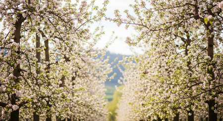 Blossoming apple orchard in springtime in Bavaria, Germanyの写真素材