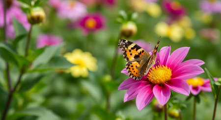 Butterfly on a pink dahlia flower in the gardenの写真素材