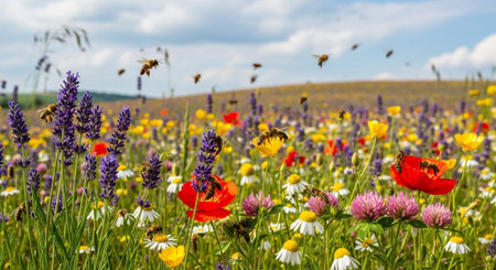 Wildflowers in a field in summer with bees flying over them