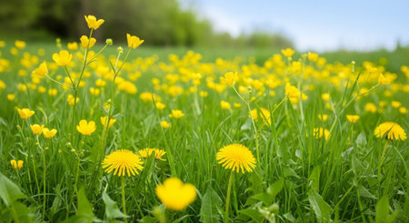 Field of yellow buttercups and dandelions in spring.