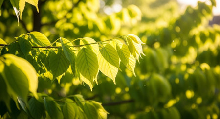 Green leaves in the morning sun. Shallow depth of field.
