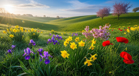Spring flowers in a meadow with daffodils and tulips