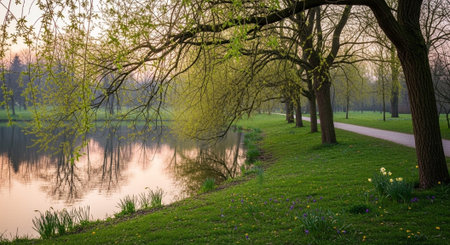 Beautiful spring landscape with lake and trees in the park, Hollandの写真素材