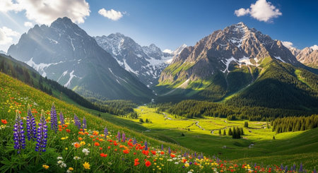 Mountain landscape with flowers. Panoramic view of the mountains and meadows.の写真素材
