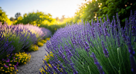 Lavender flowers blooming in the garden at sunset. Nature background