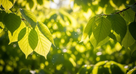 green leaves background in sunny day with bokeh and sunbeamsの写真素材