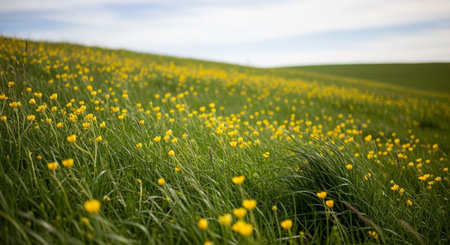 Field with yellow buttercups in spring, England, UK.