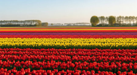 Tulips in an agricultural field in sunlight in spring, Hollandの写真素材