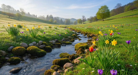 Stream through a sunny meadow with crocuses and tulipsの写真素材