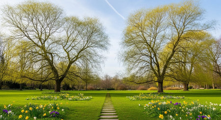 Green spring park with blooming daffodils and tulipsの写真素材