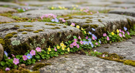 Pansy flowers and moss on a stone walkway in the parkの写真素材