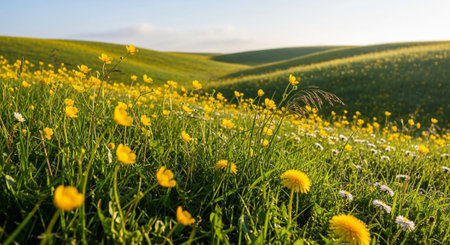 Field with yellow buttercups and dandelions at sunset.の写真素材